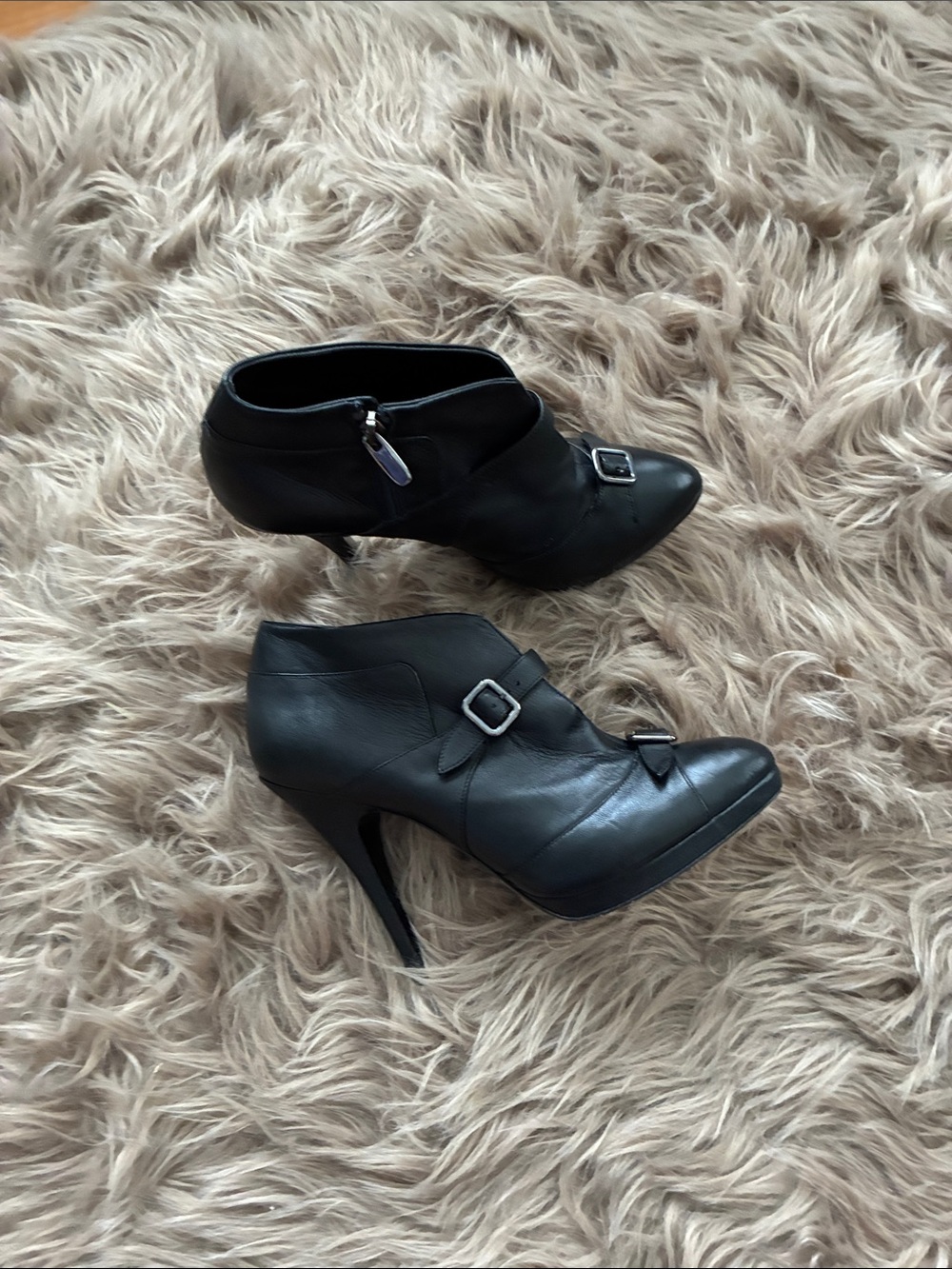 Black Leather Pointed-Toe Heeled Ankle Boots with Buckle